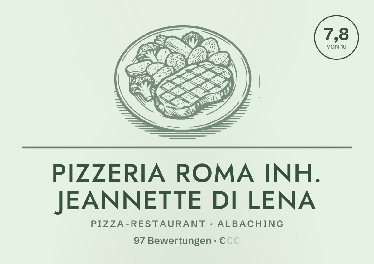 Illustriertes Poster von Pizzeria Roma Inh. Jeannette Di Lena, Pizza-Restaurant in Albaching: Bewertung 7,8 von 10 aus 97 Bewertungen, Preisniveau €