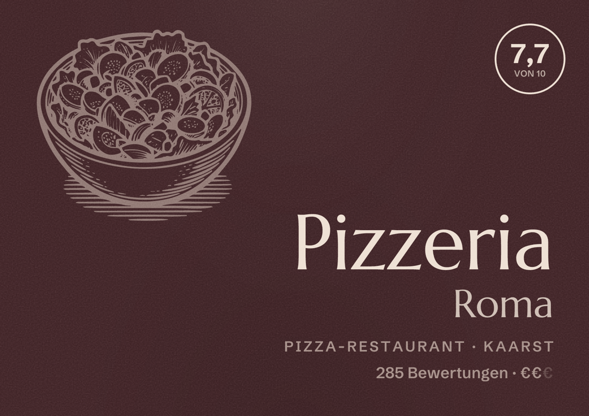 Illustriertes Poster von Pizzeria Roma, Pizza-Restaurant in Kaarst: Bewertung 7,7 von 10 aus 285 Bewertungen, Preisniveau €€