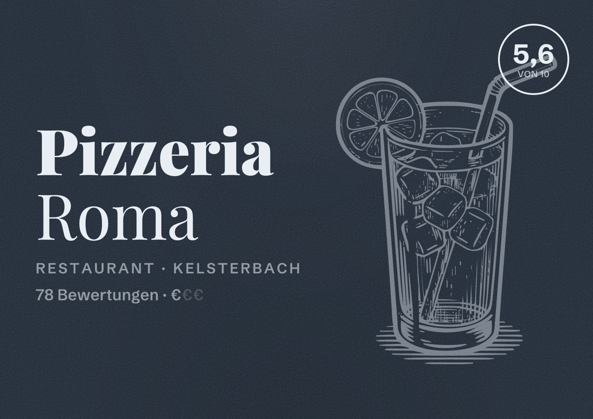 Illustriertes Poster von Pizzeria Roma, Restaurant in Kelsterbach: Bewertung 5,6 von 10 aus 78 Bewertungen, Preisniveau €