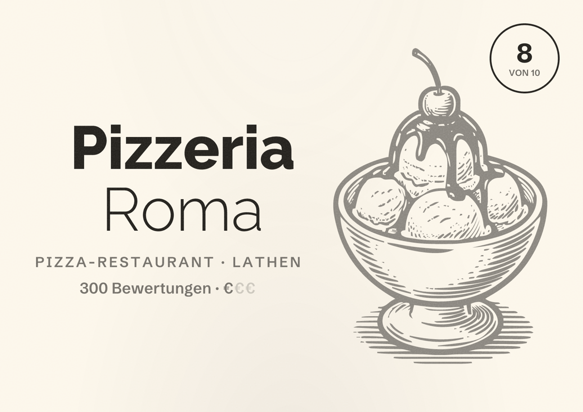 Illustriertes Poster von Pizzeria Roma, Pizza-Restaurant in Lathen: Bewertung 8 von 10 aus 300 Bewertungen, Preisniveau €