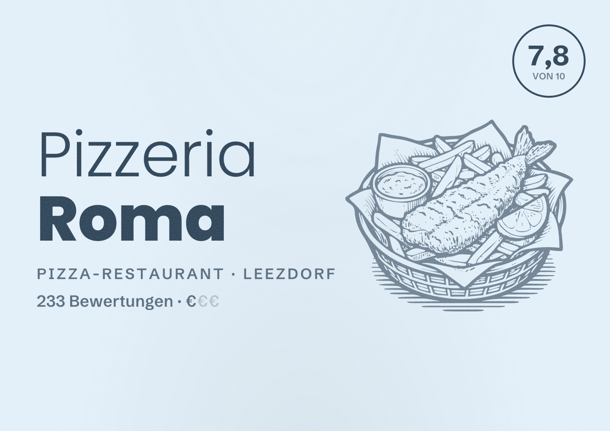 Illustriertes Poster von Pizzeria Roma, Pizza-Restaurant in Leezdorf: Bewertung 7,8 von 10 aus 233 Bewertungen, Preisniveau €