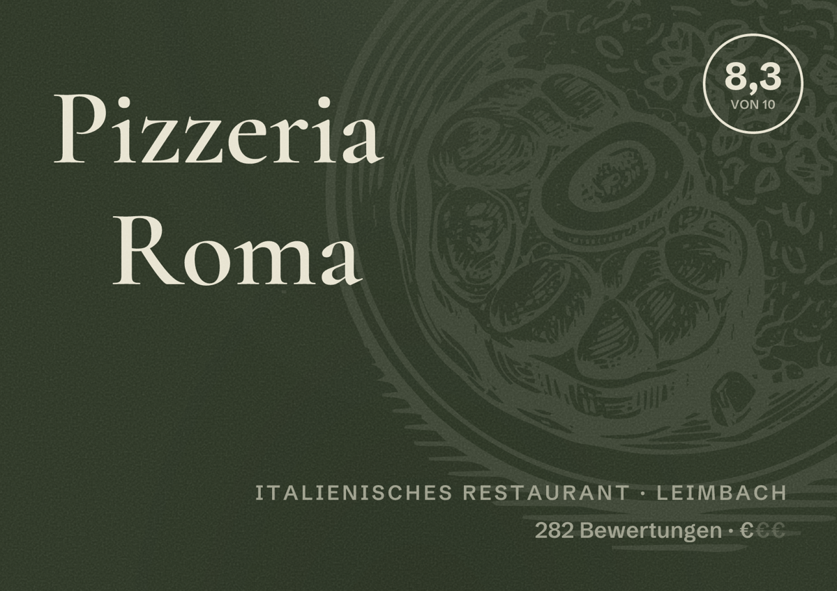 Illustriertes Poster von Pizzeria Roma, Italienisches Restaurant in Leimbach: Bewertung 8,3 von 10 aus 282 Bewertungen, Preisniveau €
