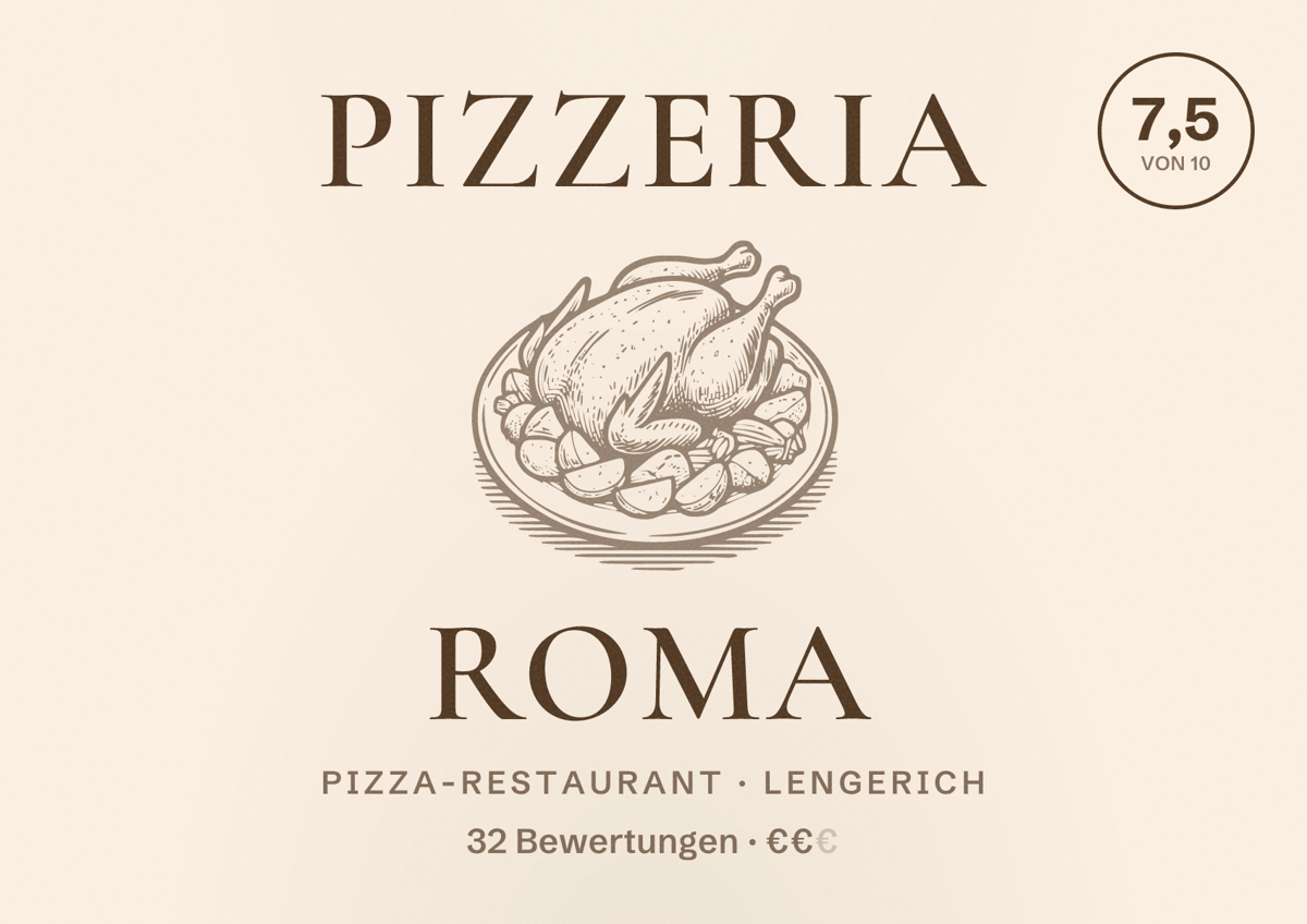 Illustriertes Poster von Pizzeria Roma, Pizza-Restaurant in Lengerich: Bewertung 7,5 von 10 aus 32 Bewertungen, Preisniveau €€