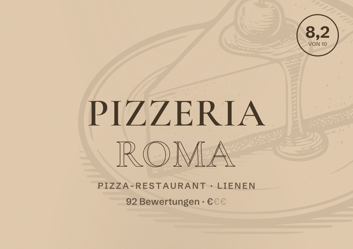 Illustriertes Poster von Pizzeria Roma, Pizza-Restaurant in Lienen: Bewertung 8,2 von 10 aus 92 Bewertungen, Preisniveau €