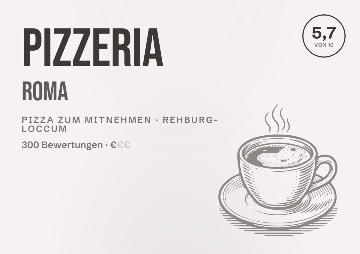 Illustriertes Poster von Pizzeria Roma, Pizza zum Mitnehmen in Rehburg-Loccum: Bewertung 5,7 von 10 aus 300 Bewertungen, Preisniveau €