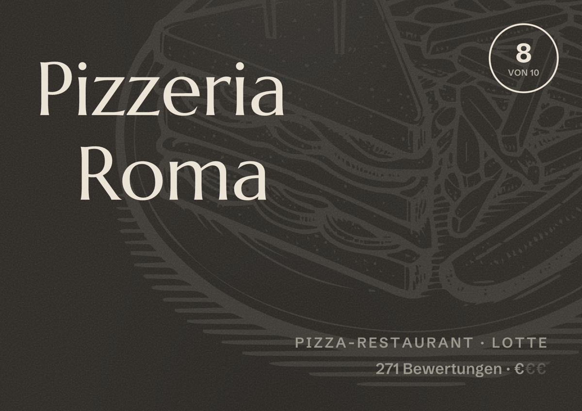 Illustriertes Poster von Pizzeria Roma, Pizza-Restaurant in Lotte: Bewertung 8 von 10 aus 271 Bewertungen, Preisniveau €