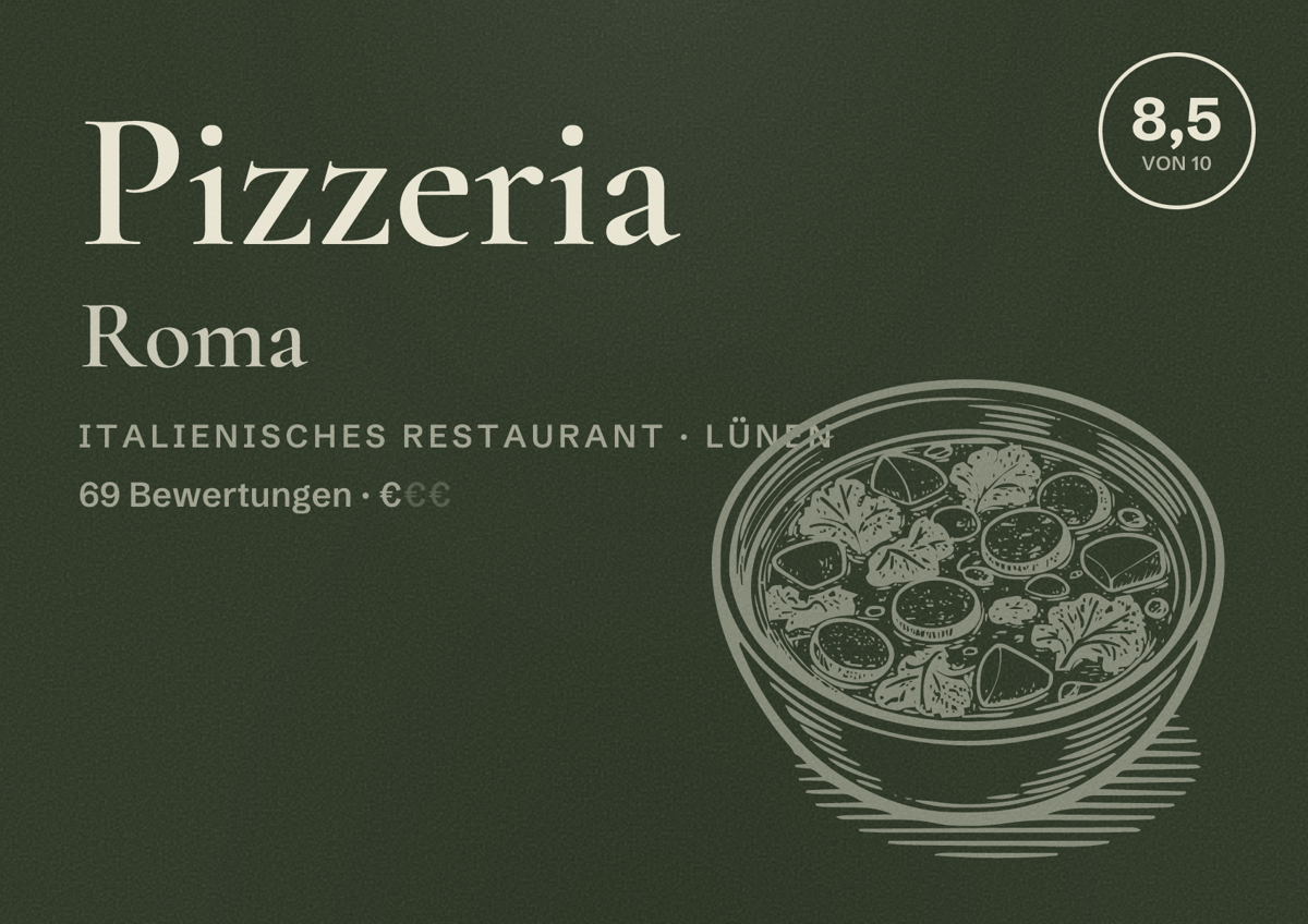 Illustriertes Poster von Pizzeria Roma, Italienisches Restaurant in Lünen: Bewertung 8,5 von 10 aus 69 Bewertungen, Preisniveau €