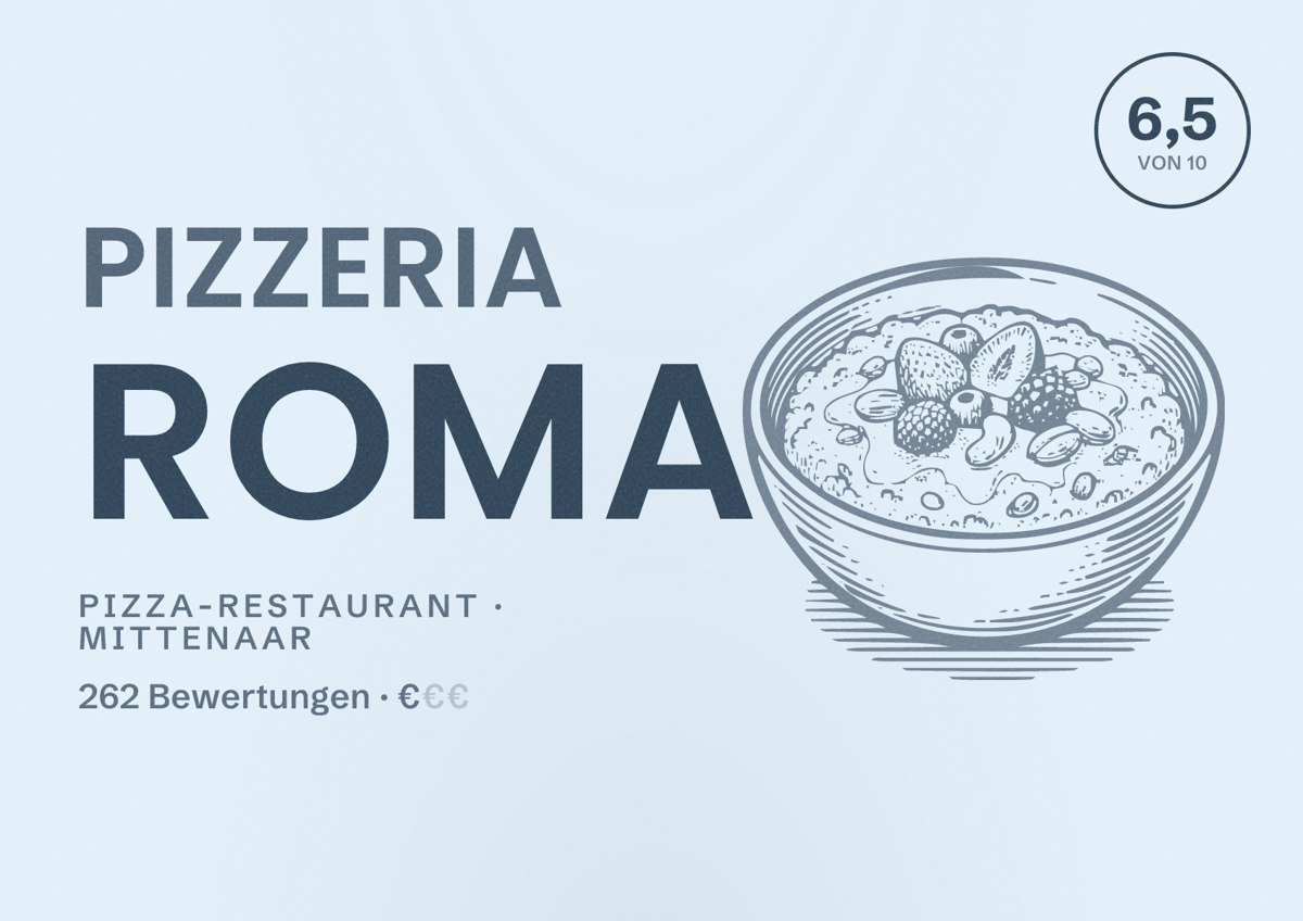 Illustriertes Poster von Pizzeria Roma, Pizza-Restaurant in Mittenaar: Bewertung 6,5 von 10 aus 262 Bewertungen, Preisniveau €