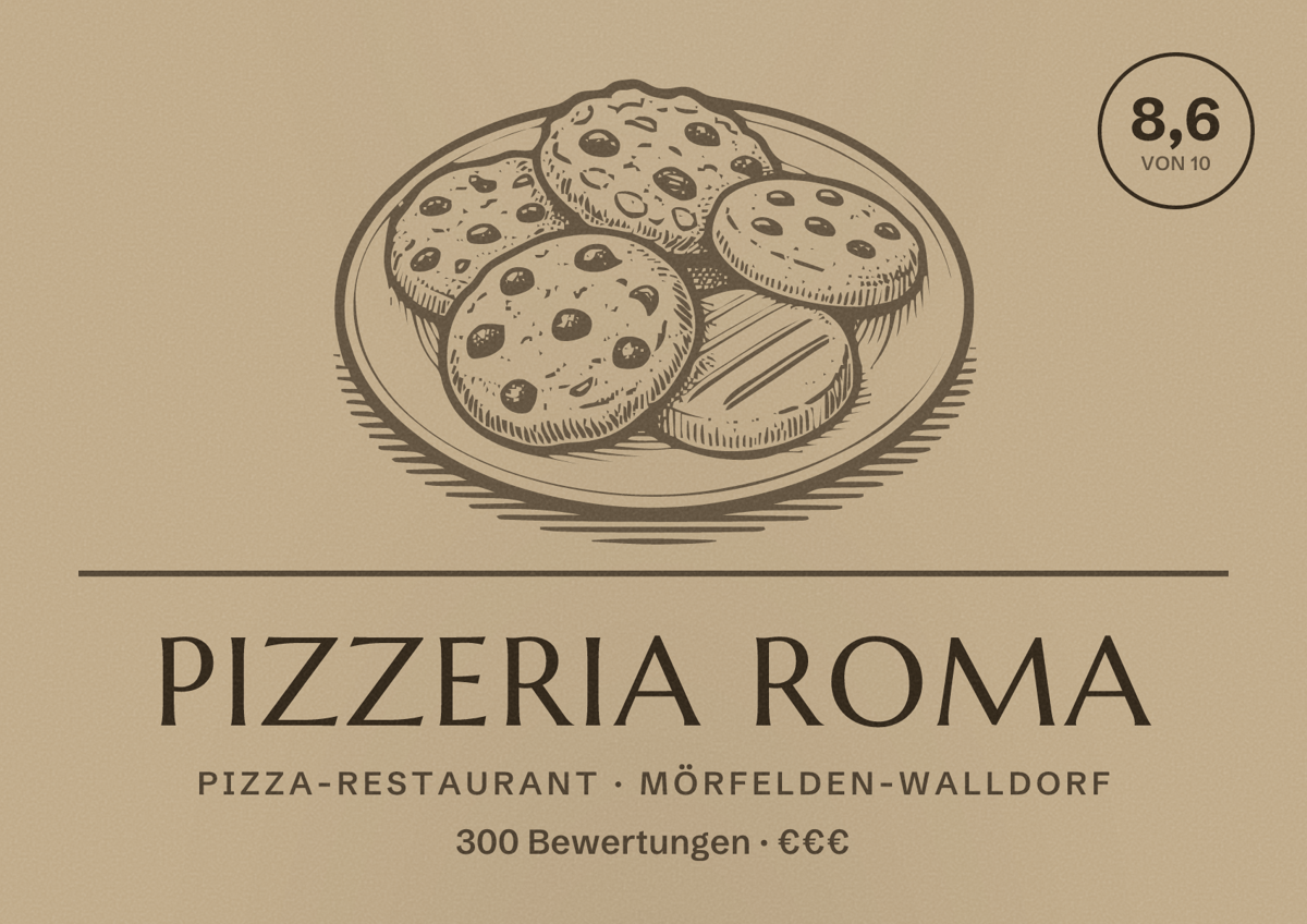 Illustriertes Poster von Pizzeria Roma, Pizza-Restaurant in Mörfelden-Walldorf: Bewertung 8,6 von 10 aus 300 Bewertungen, Preisniveau €€€