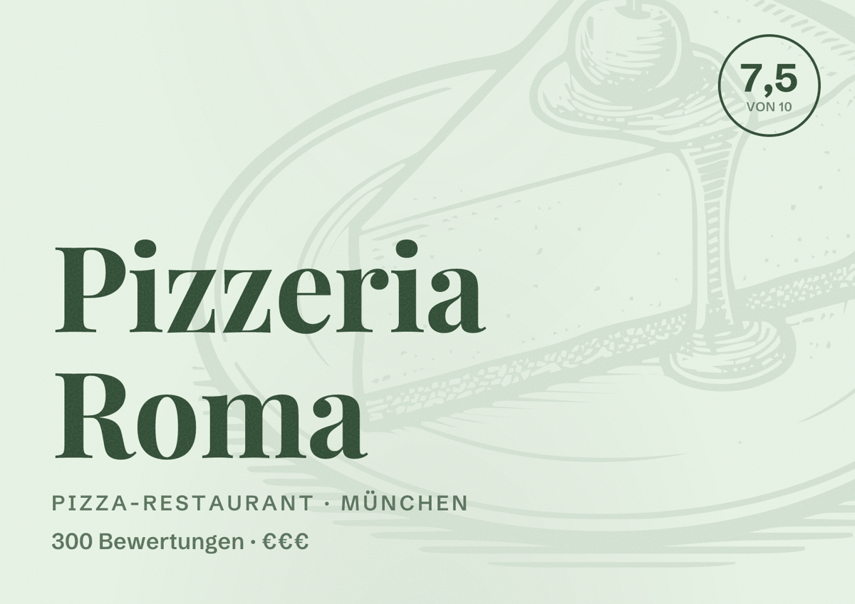 Illustriertes Poster von Pizzeria Roma, Pizza-Restaurant in München: Bewertung 7,5 von 10 aus 300 Bewertungen, Preisniveau €€€