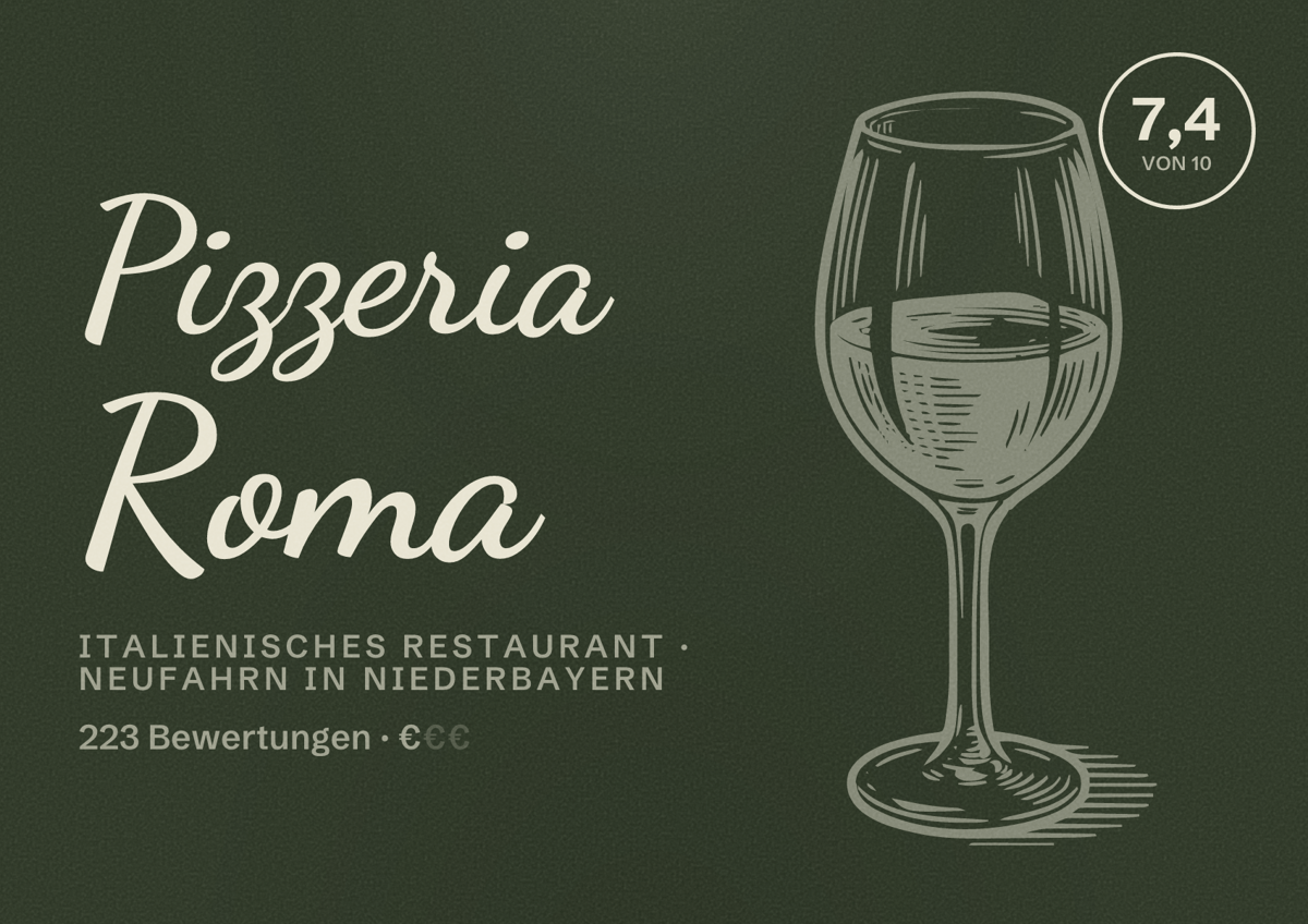 Illustriertes Poster von Pizzeria Roma, Italienisches Restaurant in Neufahrn in Niederbayern: Bewertung 7,4 von 10 aus 223 Bewertungen, Preisniveau €