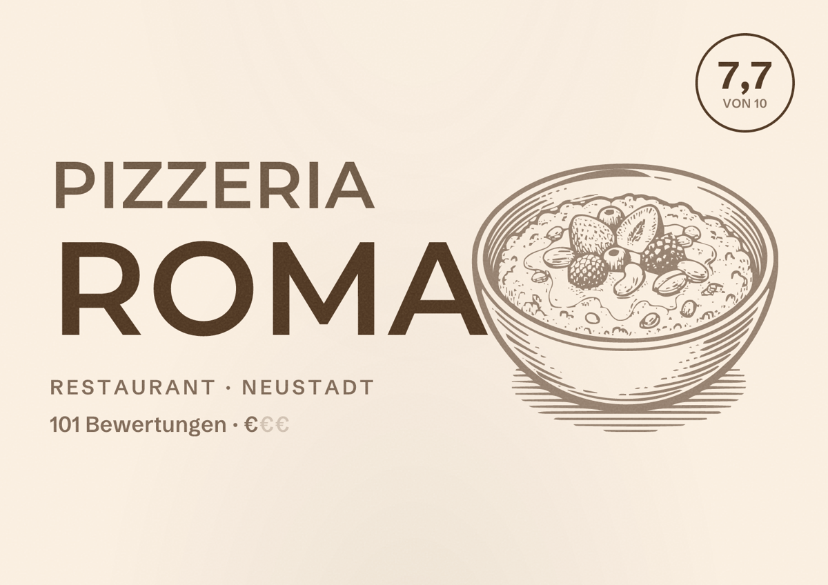 Illustriertes Poster von Pizzeria Roma, Restaurant in Neustadt: Bewertung 7,7 von 10 aus 101 Bewertungen, Preisniveau €