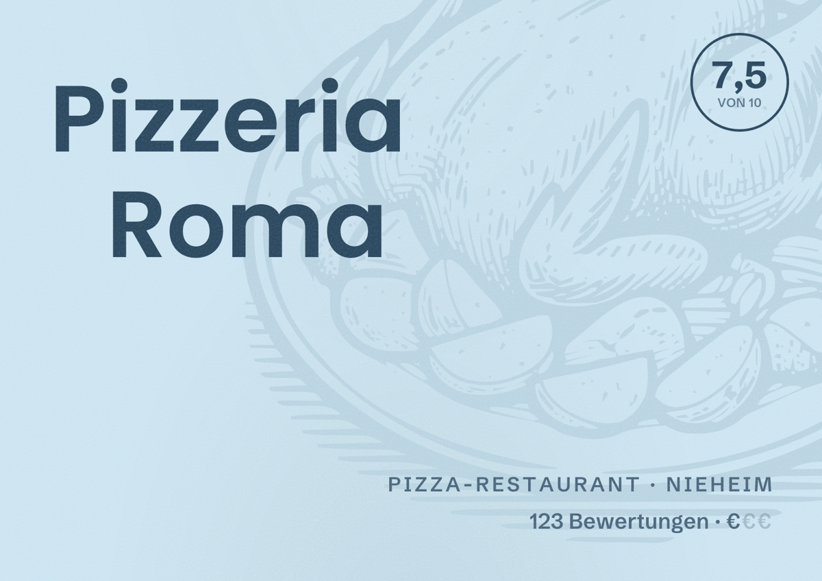 Illustriertes Poster von Pizzeria Roma, Pizza-Restaurant in Nieheim: Bewertung 7,5 von 10 aus 123 Bewertungen, Preisniveau €
