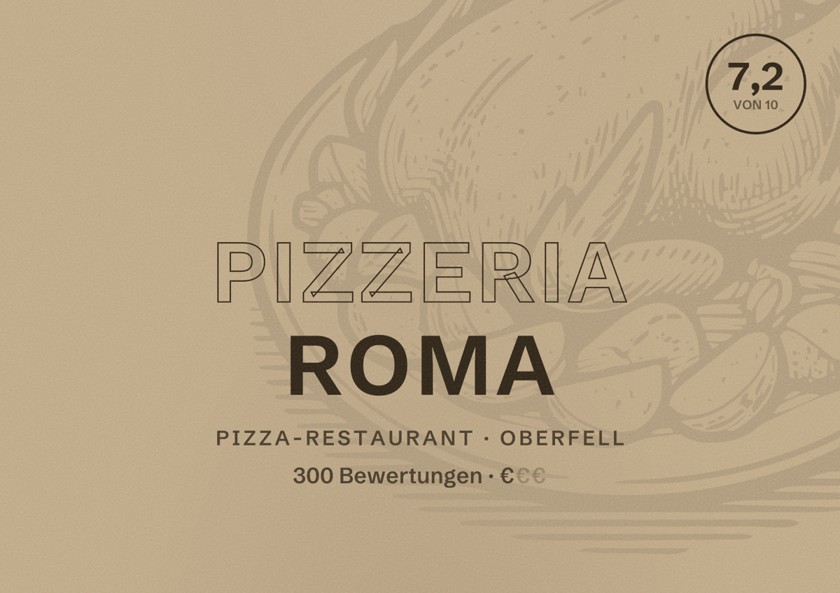 Illustriertes Poster von Pizzeria Roma, Pizza-Restaurant in Oberfell: Bewertung 7,2 von 10 aus 300 Bewertungen, Preisniveau €