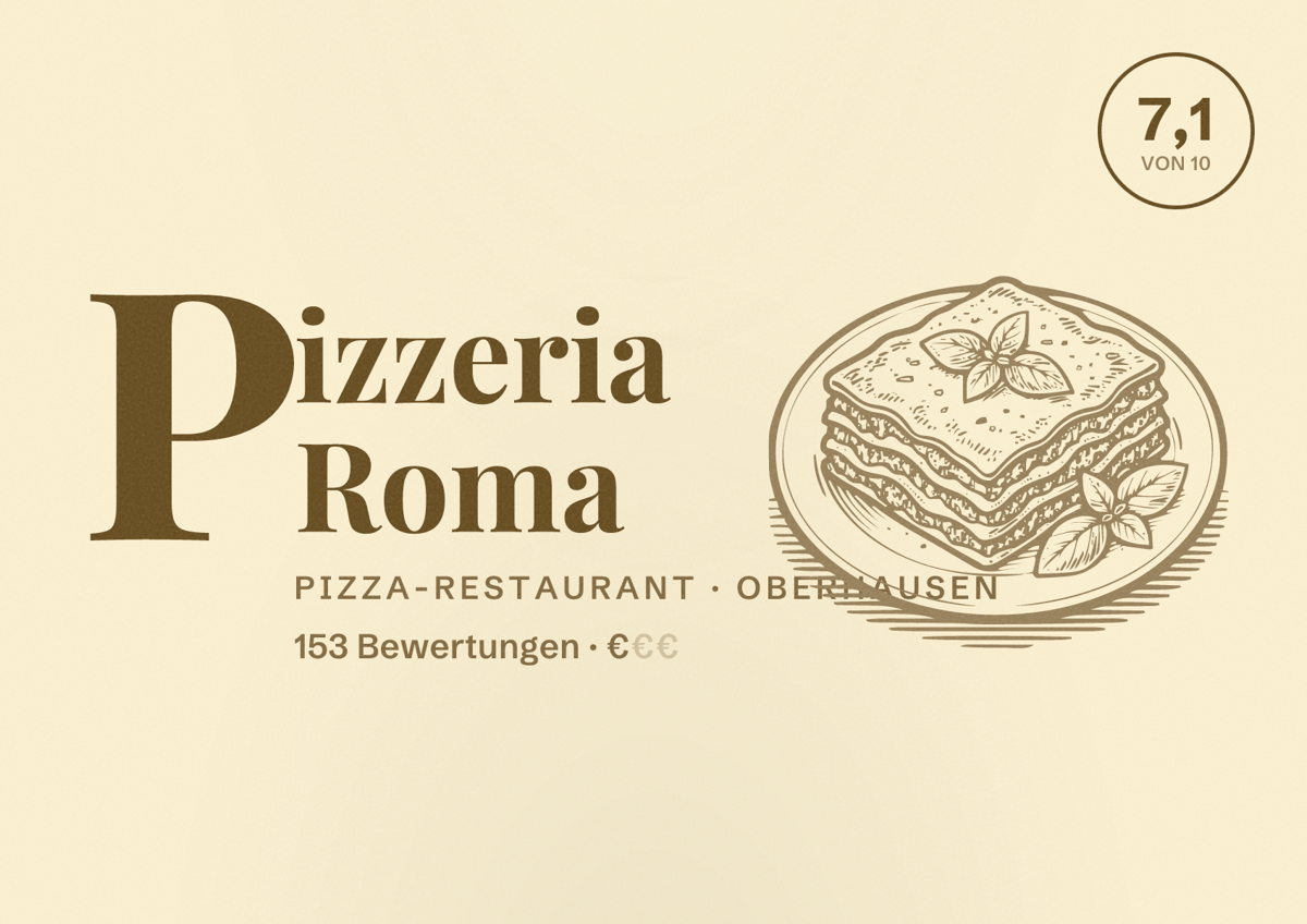 Illustriertes Poster von Pizzeria Roma, Pizza-Restaurant in Oberhausen: Bewertung 7,1 von 10 aus 153 Bewertungen, Preisniveau €