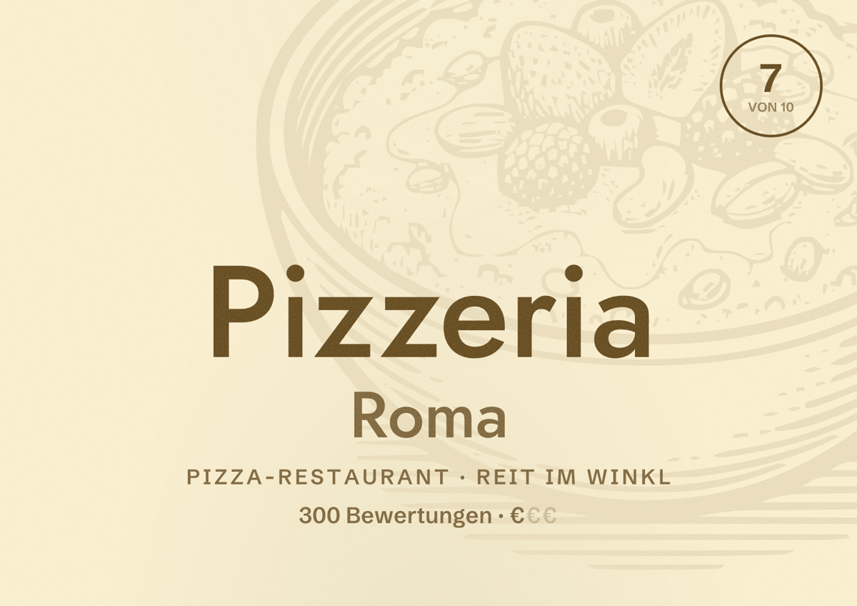 Illustriertes Poster von Pizzeria Roma, Pizza-Restaurant in Reit im Winkl: Bewertung 7 von 10 aus 300 Bewertungen, Preisniveau €