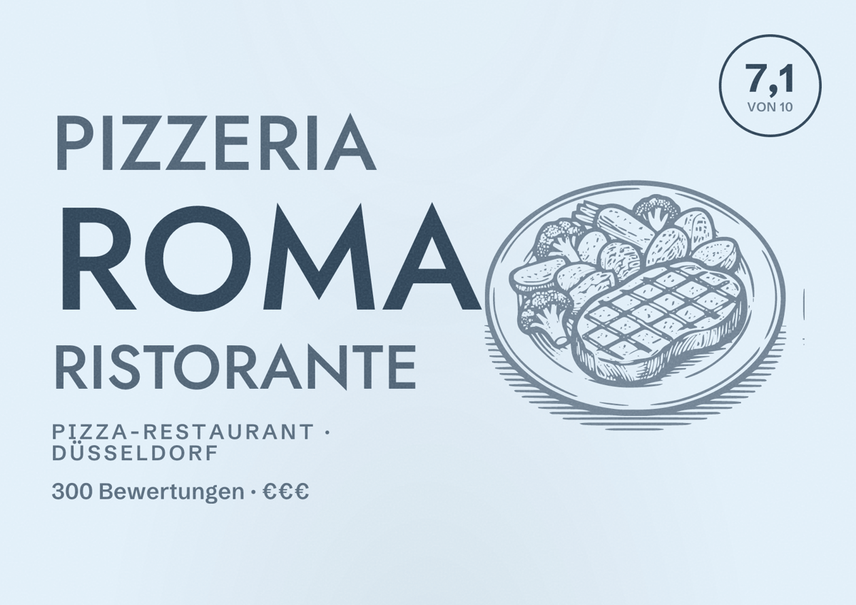 Illustriertes Poster von Pizzeria Roma Ristorante, Pizza-Restaurant in Düsseldorf: Bewertung 7,1 von 10 aus 300 Bewertungen, Preisniveau €€€