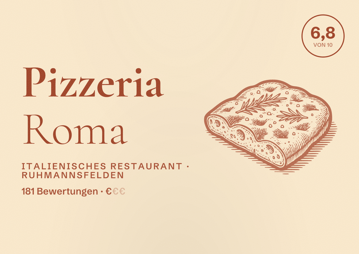 Illustriertes Poster von Pizzeria Roma, Italienisches Restaurant in Ruhmannsfelden: Bewertung 6,8 von 10 aus 181 Bewertungen, Preisniveau €