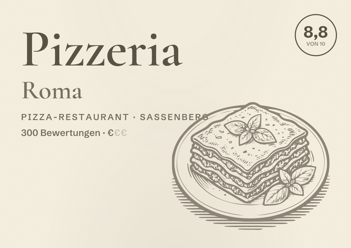 Illustriertes Poster von Pizzeria Roma, Pizza-Restaurant in Sassenberg: Bewertung 8,8 von 10 aus 300 Bewertungen, Preisniveau €