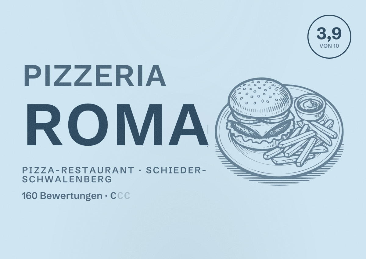 Illustriertes Poster von Pizzeria Roma, Pizza-Restaurant in Schieder-Schwalenberg: Bewertung 3,9 von 10 aus 160 Bewertungen, Preisniveau €