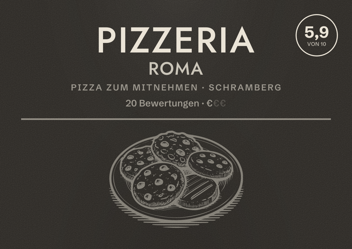 Illustriertes Poster von Pizzeria Roma, Pizza zum Mitnehmen in Schramberg: Bewertung 5,9 von 10 aus 20 Bewertungen, Preisniveau €