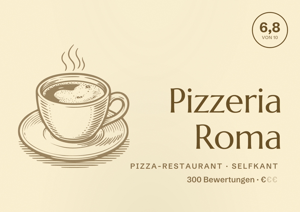 Illustriertes Poster von Pizzeria Roma, Pizza-Restaurant in Selfkant: Bewertung 6,8 von 10 aus 300 Bewertungen, Preisniveau €