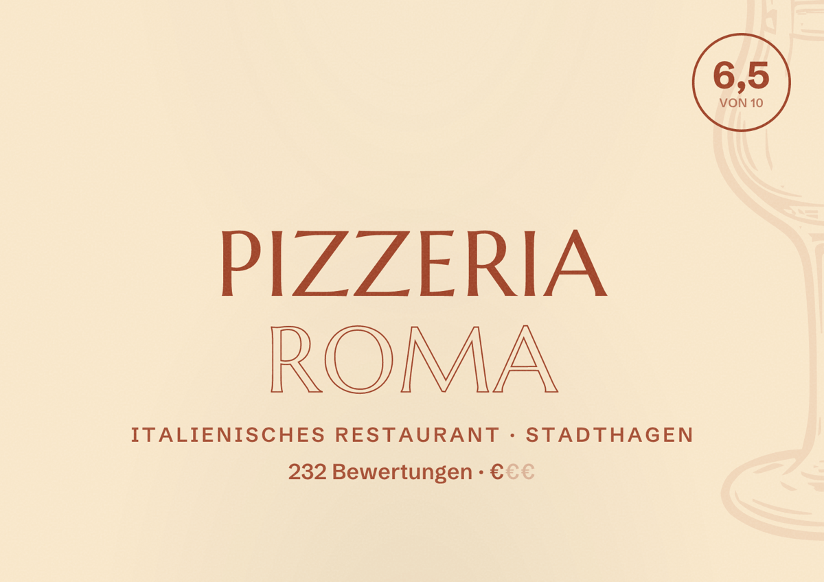 Illustriertes Poster von Pizzeria Roma, Italienisches Restaurant in Stadthagen: Bewertung 6,5 von 10 aus 232 Bewertungen, Preisniveau €