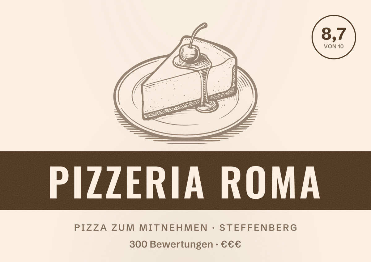 Illustriertes Poster von Pizzeria Roma, Pizza zum Mitnehmen in Steffenberg: Bewertung 8,7 von 10 aus 300 Bewertungen, Preisniveau €€€