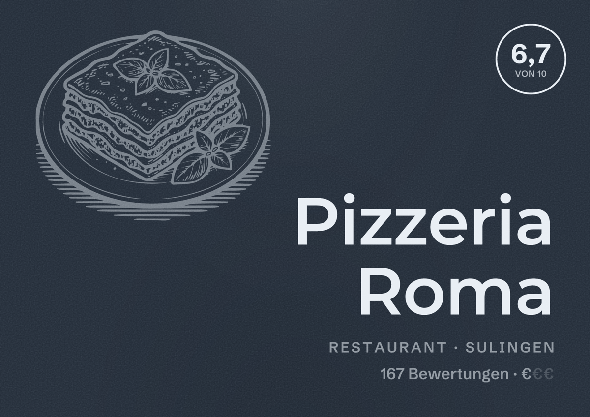 Illustriertes Poster von Pizzeria Roma, Restaurant in Sulingen: Bewertung 6,7 von 10 aus 167 Bewertungen, Preisniveau €