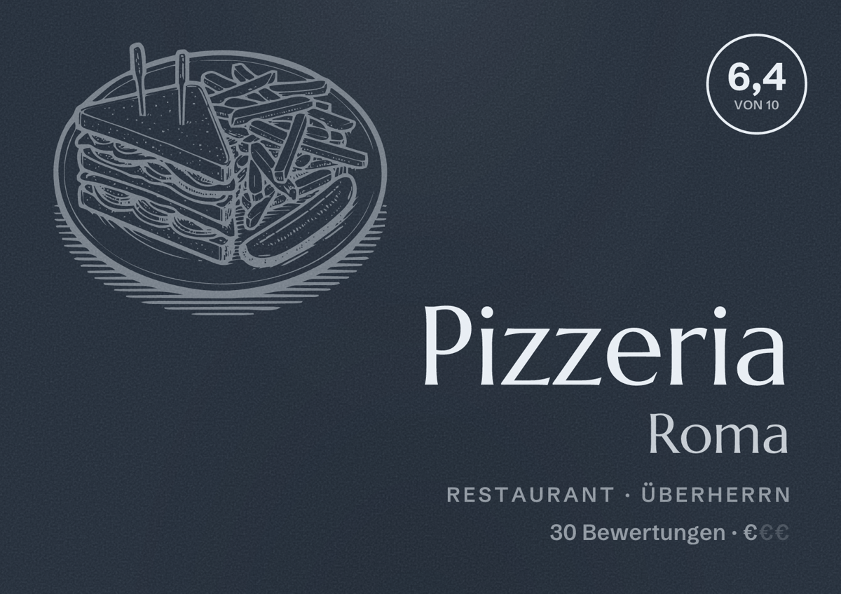 Illustriertes Poster von Pizzeria Roma, Restaurant in Überherrn: Bewertung 6,4 von 10 aus 30 Bewertungen, Preisniveau €