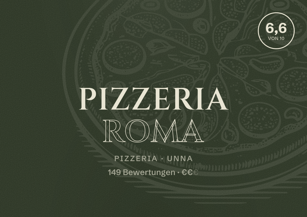 Illustriertes Poster von Pizzeria Roma, Pizzeria in Unna: Bewertung 6,6 von 10 aus 149 Bewertungen, Preisniveau €€