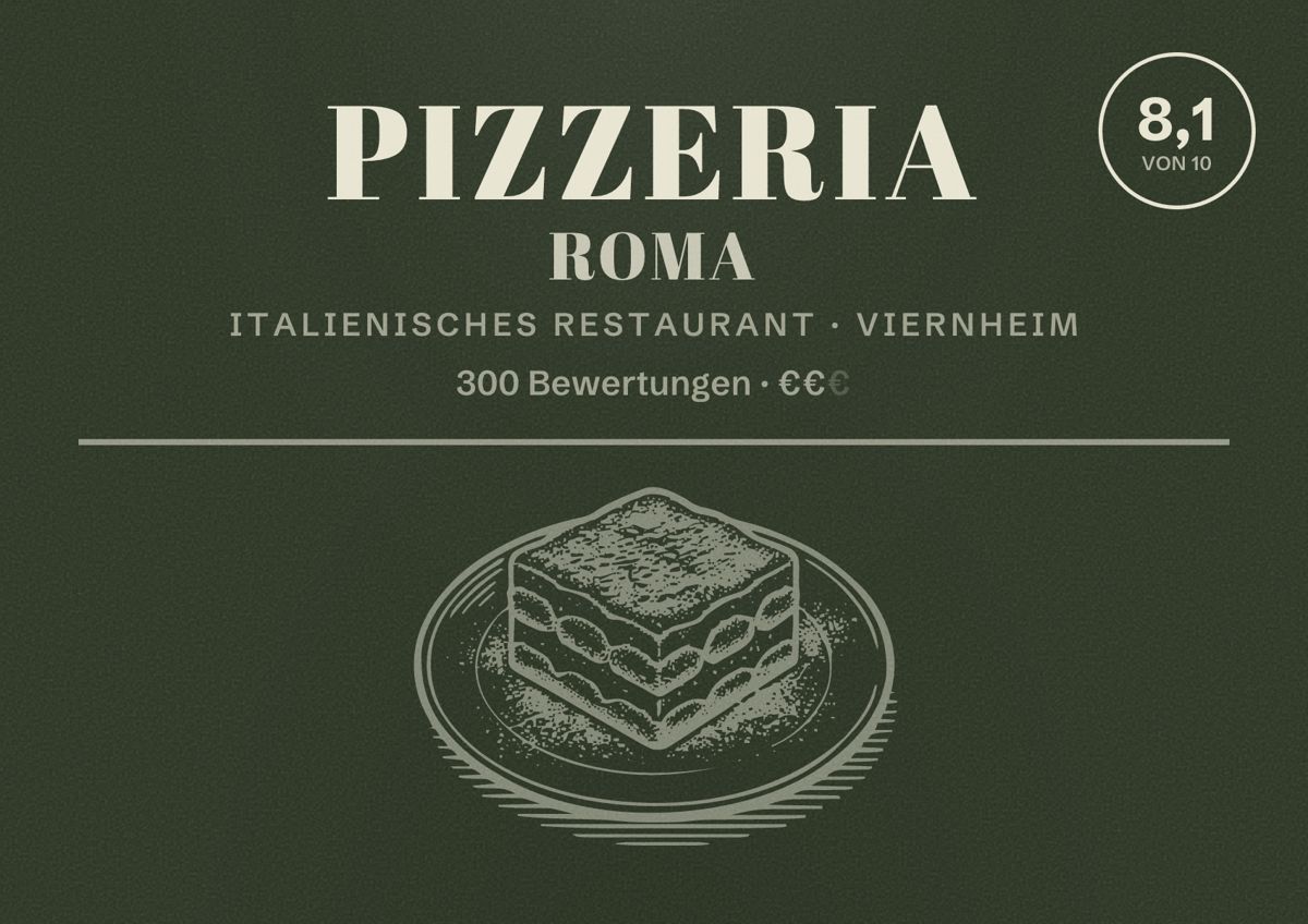 Illustriertes Poster von Pizzeria Roma, Italienisches Restaurant in Viernheim: Bewertung 8,1 von 10 aus 300 Bewertungen, Preisniveau €€