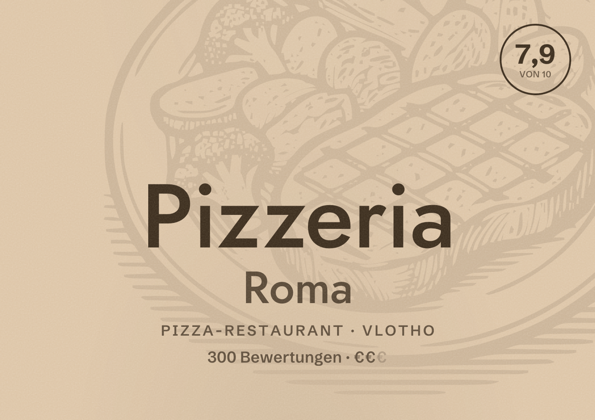 Illustriertes Poster von Pizzeria Roma, Pizza-Restaurant in Vlotho: Bewertung 7,9 von 10 aus 300 Bewertungen, Preisniveau €€