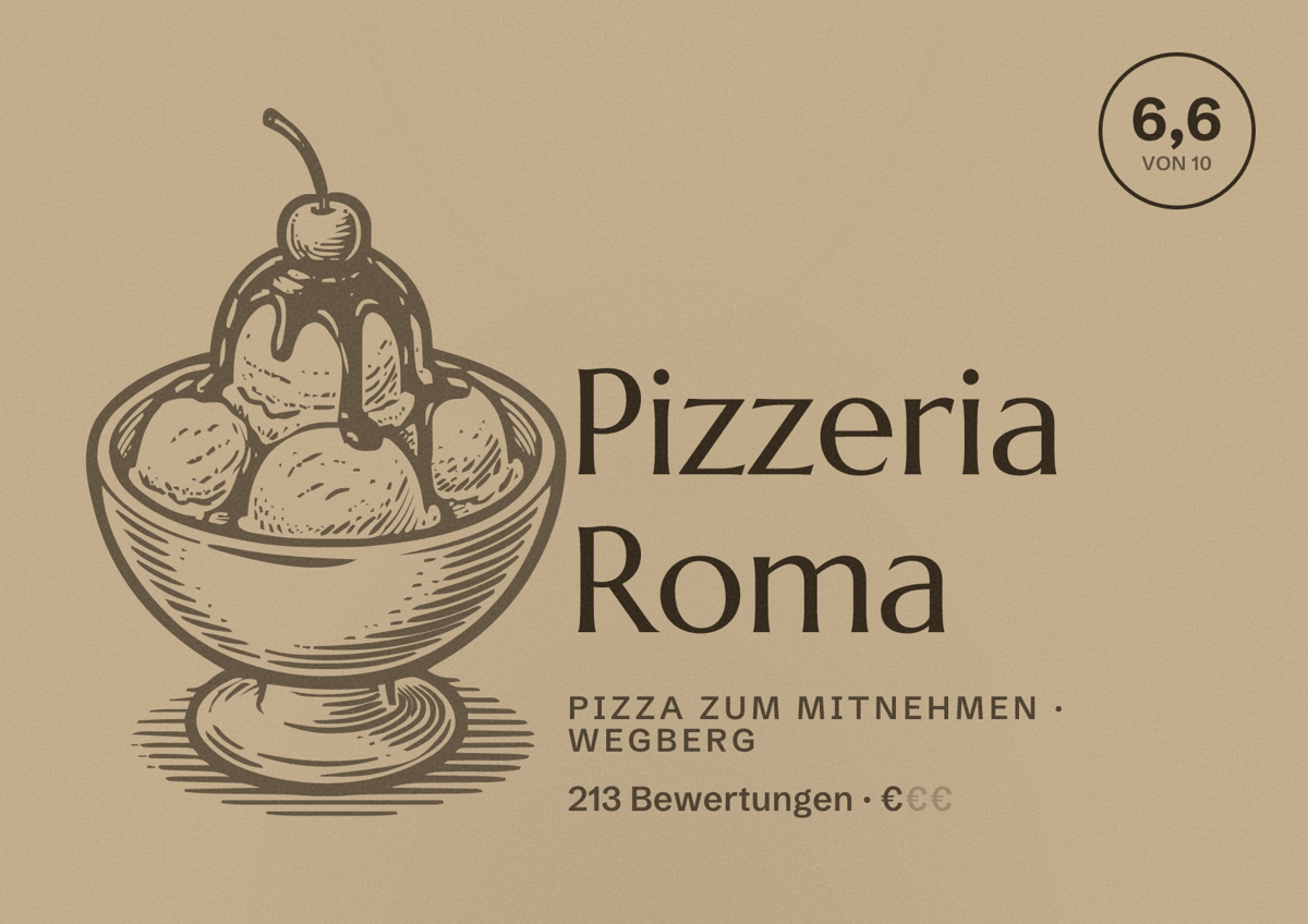 Illustriertes Poster von Pizzeria Roma, Pizza zum Mitnehmen in Wegberg: Bewertung 6,6 von 10 aus 213 Bewertungen, Preisniveau €