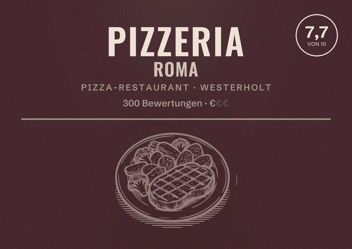 Illustriertes Poster von Pizzeria Roma, Pizza-Restaurant in Westerholt: Bewertung 7,7 von 10 aus 300 Bewertungen, Preisniveau €