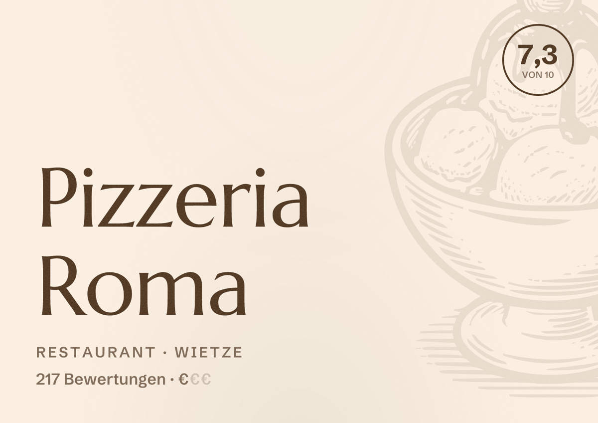 Illustriertes Poster von Pizzeria Roma, Restaurant in Wietze: Bewertung 7,3 von 10 aus 217 Bewertungen, Preisniveau €