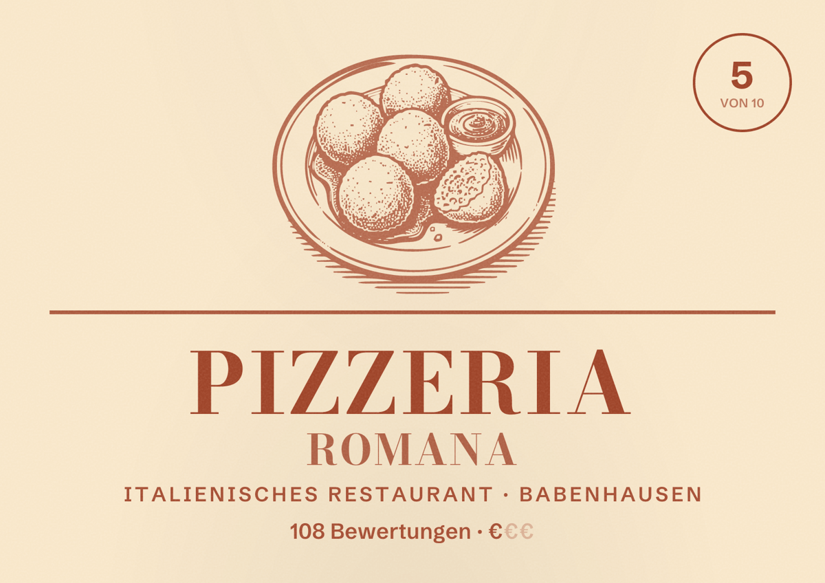 Illustriertes Poster von Pizzeria Romana, Italienisches Restaurant in Babenhausen: Bewertung 5 von 10 aus 108 Bewertungen, Preisniveau €