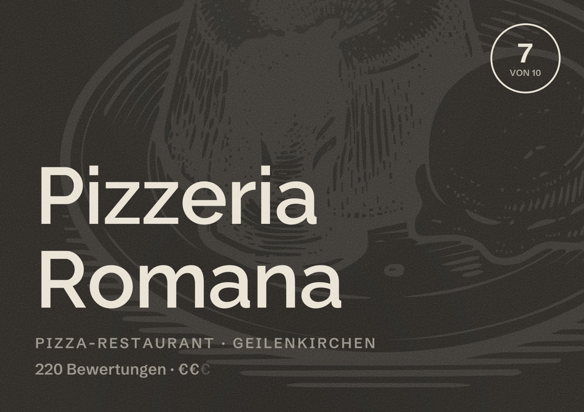 Illustriertes Poster von Pizzeria Romana, Pizza-Restaurant in Geilenkirchen: Bewertung 7 von 10 aus 220 Bewertungen, Preisniveau €€