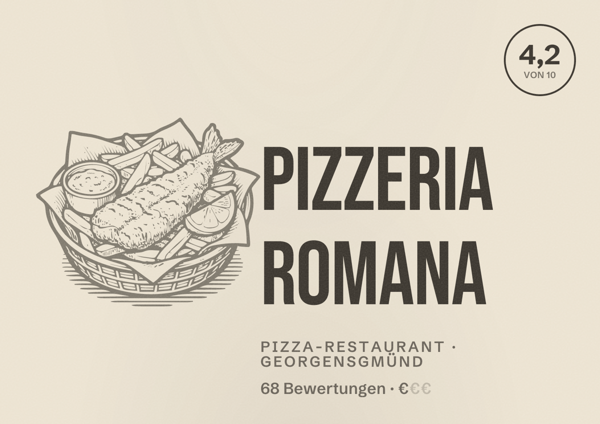 Illustriertes Poster von Pizzeria Romana, Pizza-Restaurant in Georgensgmünd: Bewertung 4,2 von 10 aus 68 Bewertungen, Preisniveau €