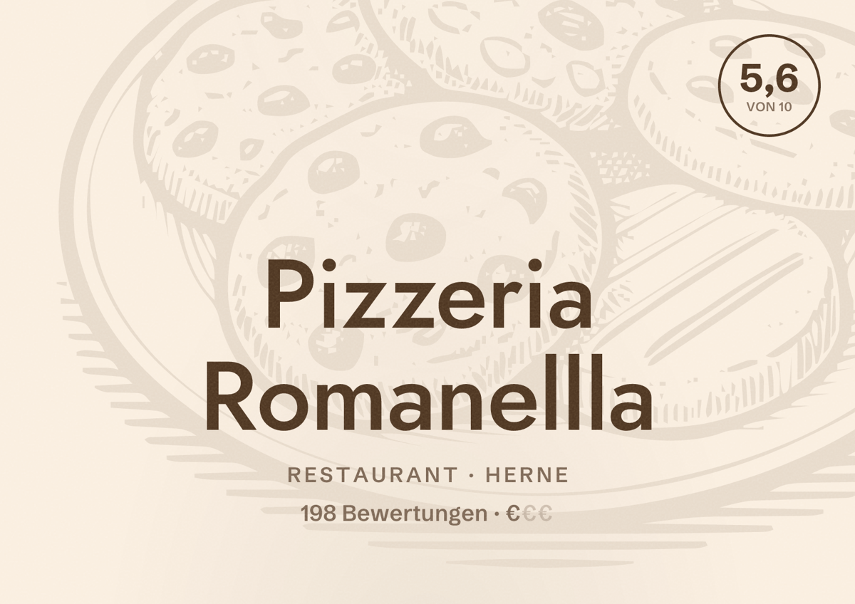 Illustriertes Poster von Pizzeria Romanellla, Restaurant in Herne: Bewertung 5,6 von 10 aus 198 Bewertungen, Preisniveau €