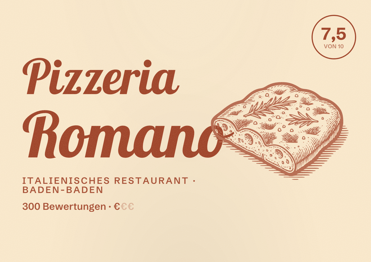 Illustriertes Poster von Pizzeria Romano, Italienisches Restaurant in Baden-Baden: Bewertung 7,5 von 10 aus 300 Bewertungen, Preisniveau €