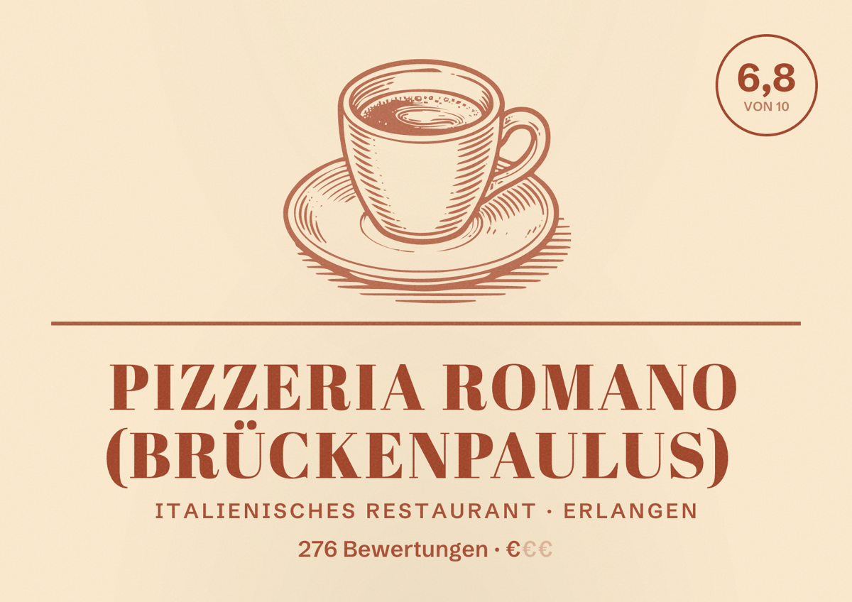 Illustriertes Poster von Pizzeria Romano (Brückenpaulus), Italienisches Restaurant in Erlangen: Bewertung 6,8 von 10 aus 276 Bewertungen, Preisniveau €