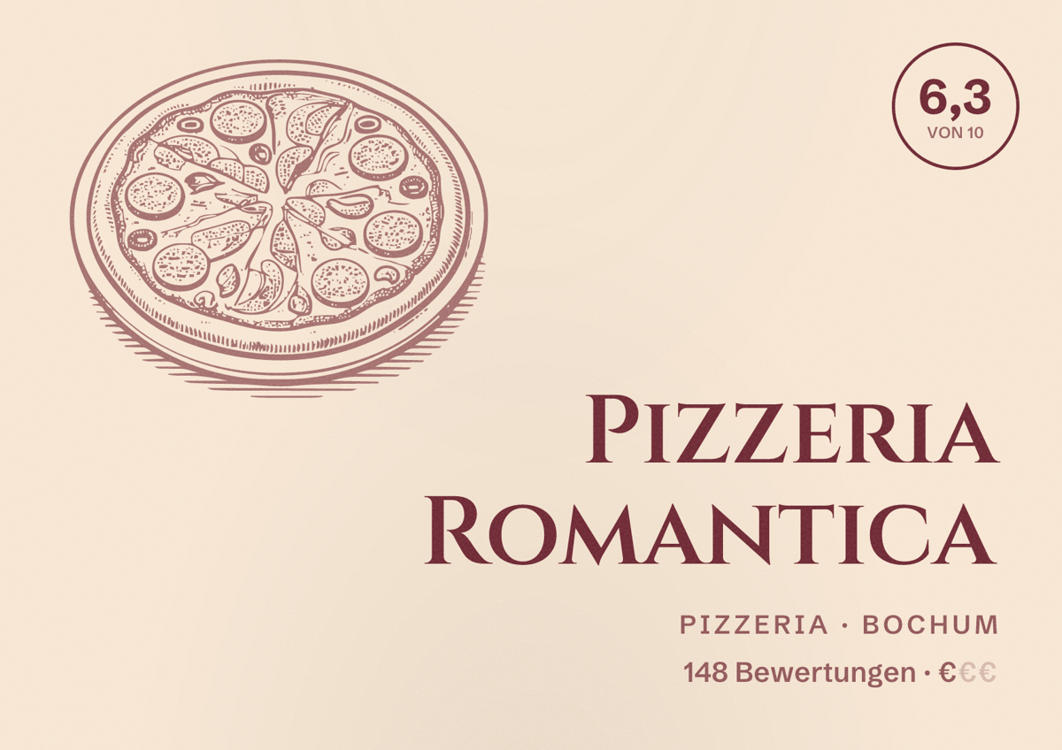 Illustriertes Poster von Pizzeria Romantica, Pizzeria in Bochum: Bewertung 6,3 von 10 aus 148 Bewertungen, Preisniveau €