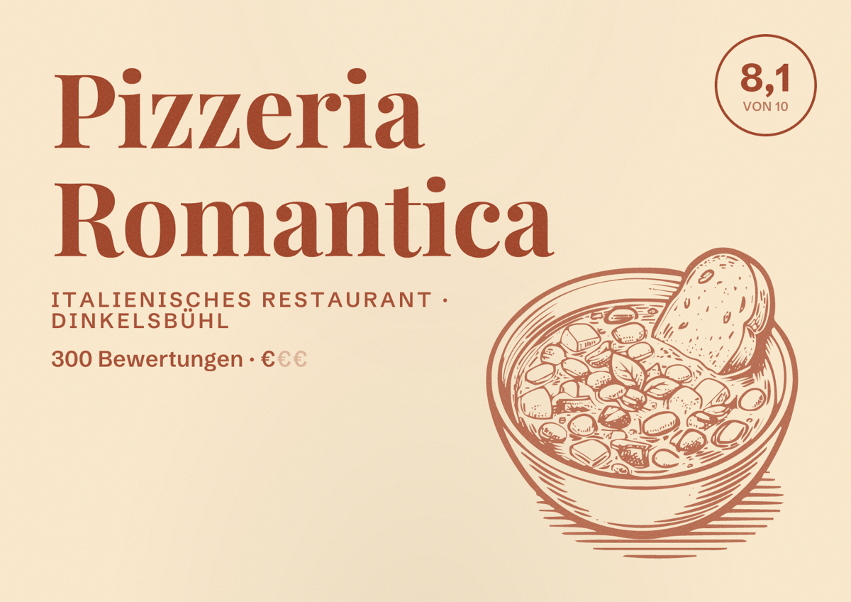 Illustriertes Poster von Pizzeria Romantica, Italienisches Restaurant in Dinkelsbühl: Bewertung 8,1 von 10 aus 300 Bewertungen, Preisniveau €