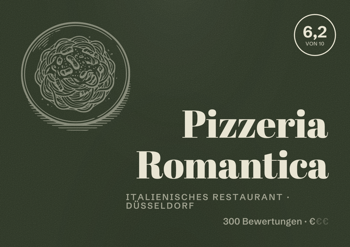 Illustriertes Poster von Pizzeria Romantica, Italienisches Restaurant in Düsseldorf: Bewertung 6,2 von 10 aus 300 Bewertungen, Preisniveau €