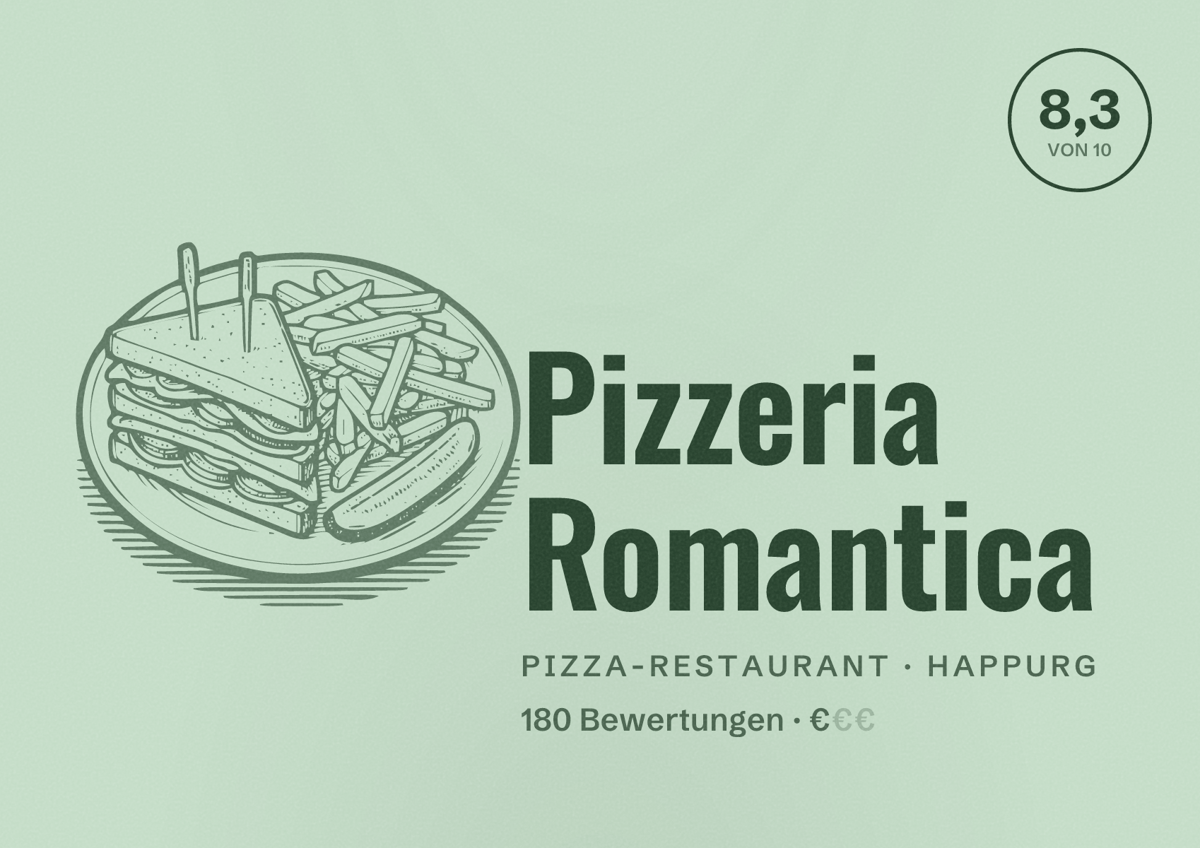 Illustriertes Poster von Pizzeria Romantica, Pizza-Restaurant in Happurg: Bewertung 8,3 von 10 aus 180 Bewertungen, Preisniveau €
