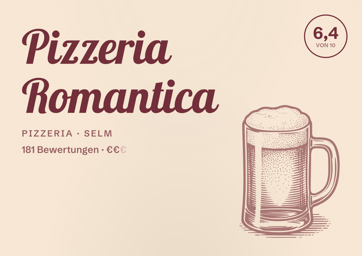 Illustriertes Poster von Pizzeria Romantica, Pizzeria in Selm: Bewertung 6,4 von 10 aus 181 Bewertungen, Preisniveau €€
