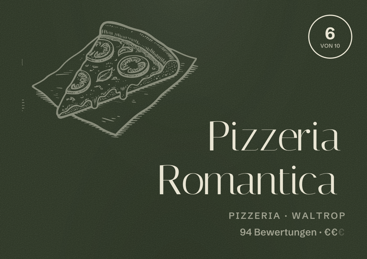 Illustriertes Poster von Pizzeria Romantica, Pizzeria in Waltrop: Bewertung 6 von 10 aus 94 Bewertungen, Preisniveau €€