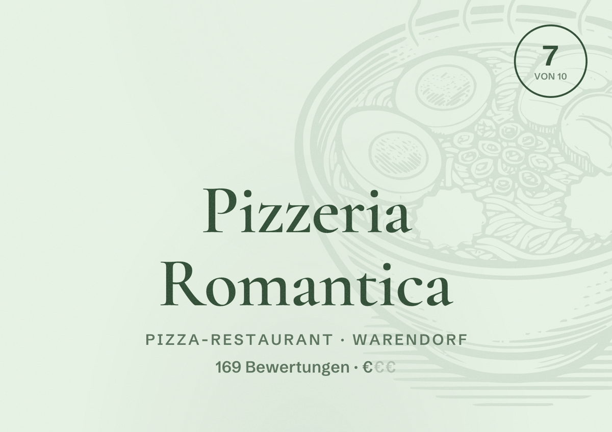 Illustriertes Poster von Pizzeria Romantica, Pizza-Restaurant in Warendorf: Bewertung 7 von 10 aus 169 Bewertungen, Preisniveau €
