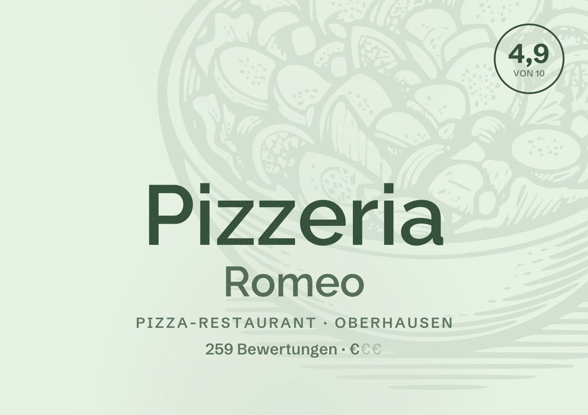 Illustriertes Poster von Pizzeria Romeo, Pizza-Restaurant in Oberhausen: Bewertung 4,9 von 10 aus 259 Bewertungen, Preisniveau €